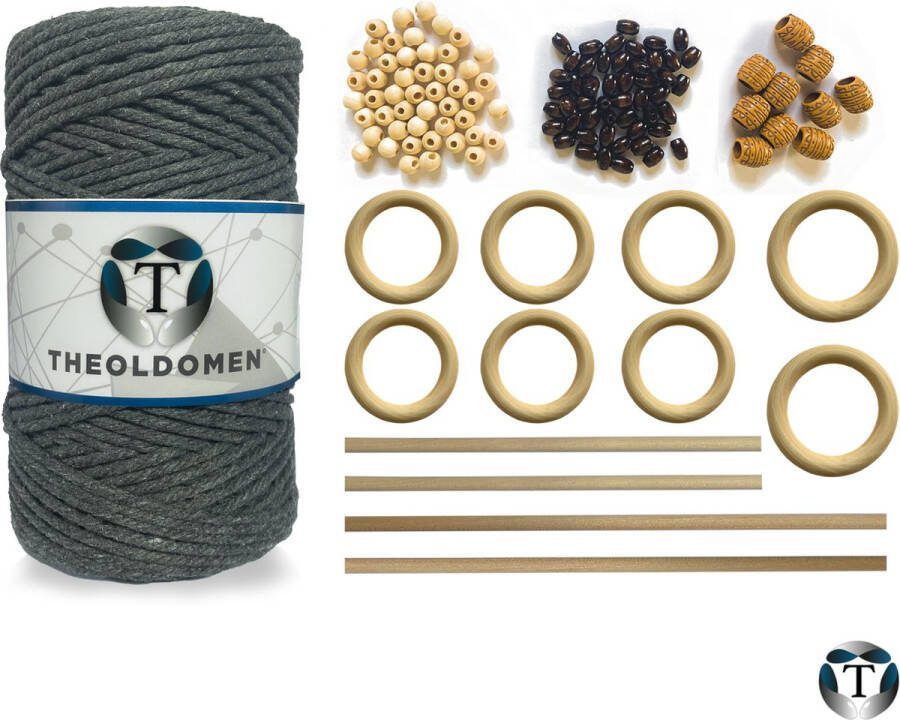 TheOldOmen Macramé Pakket 200 meter Incl. Handleiding Donkergrijs Starter Set Ringen Kralen |Stokken Macramé Touw 3mm 100% Katoen Macramé Decoratie DIY Doe Het Zelf Wandkleed Dromenvanger Plantenhanger Tassen
