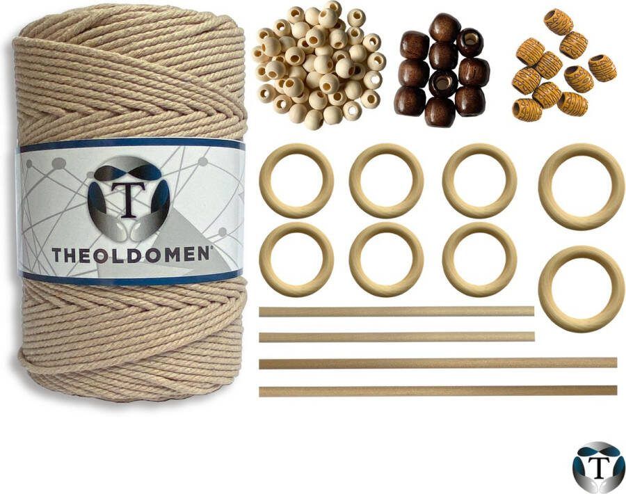 TheOldOmen Macramé Pakket 200 METER Incl. Handleiding Earth Starter Set Ringen Kralen |Stokken Macramé Touw 3mm 100% Katoen Macramé Decoratie DIY Doe Het Zelf Wandkleed Dromenvanger Plantenhanger Tassen