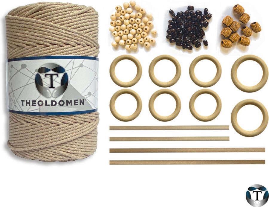 TheOldOmen Macramé Pakket 200 METER Incl. Handleiding Earth Starter Set Ringen Kralen |Stokken Macramé Touw 3mm 100% Katoen Macramé Decoratie DIY Doe Het Zelf Wandkleed Dromenvanger Plantenhanger Tassen