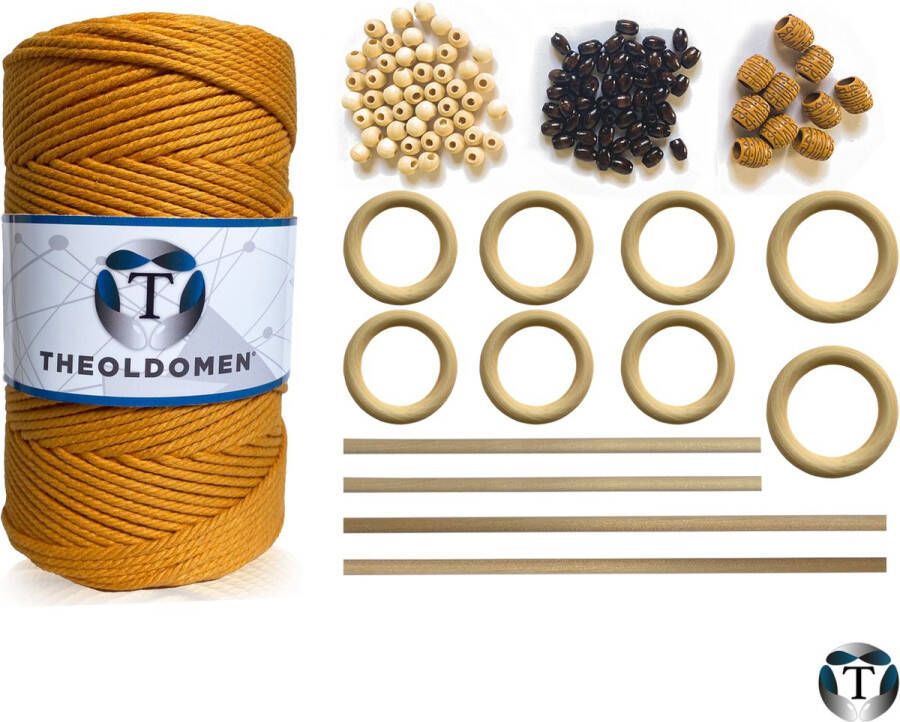 TheOldOmen Macramé Pakket | 200 METER | Incl. Handleiding | Goudgeel | Starter Set | Ringen | Kralen |Stokken | Macramé Touw | 3mm | 100% Katoen | Macramé | Decoratie | DIY | Doe Het Zelf | Wandkleed | Dromenvanger | Plantenhanger | Tassen | |