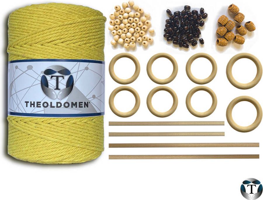 TheOldOmen Macramé Pakket | 200 METER | Incl. Handleiding | Lemon Yellow | Starter Set | Ringen | Kralen |Stokken | Macramé Touw | 3mm | 100% Katoen | Macramé | Decoratie | DIY |Doe Het Zelf |Wandkleed | Dromenvanger | Plantenhanger | Tassen | |