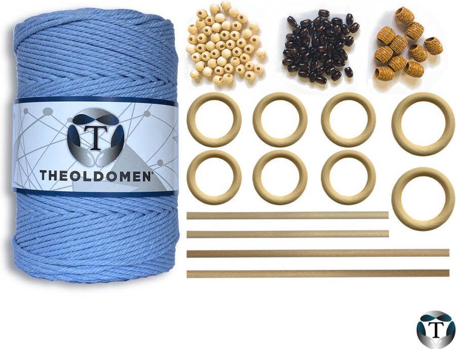 TheOldOmen Macramé Pakket 200 METER Incl. Handleiding Lichtblauw Starter Set Ringen Kralen |Stokken Macramé Touw 3mm 100% Katoen Macramé Decoratie DIY Doe Het Zelf Wandkleed Dromenvanger Plantenhanger Tassen