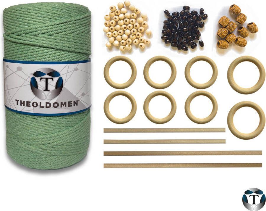 TheOldOmen Macramé Pakket 200 METER Incl. Handleiding Mintgroen Starter Set Ringen Kralen |Stokken Macramé Touw 3mm 100% Katoen Macramé Decoratie DIY Doe Het Zelf Wandkleed Dromenvanger Plantenhanger Tassen