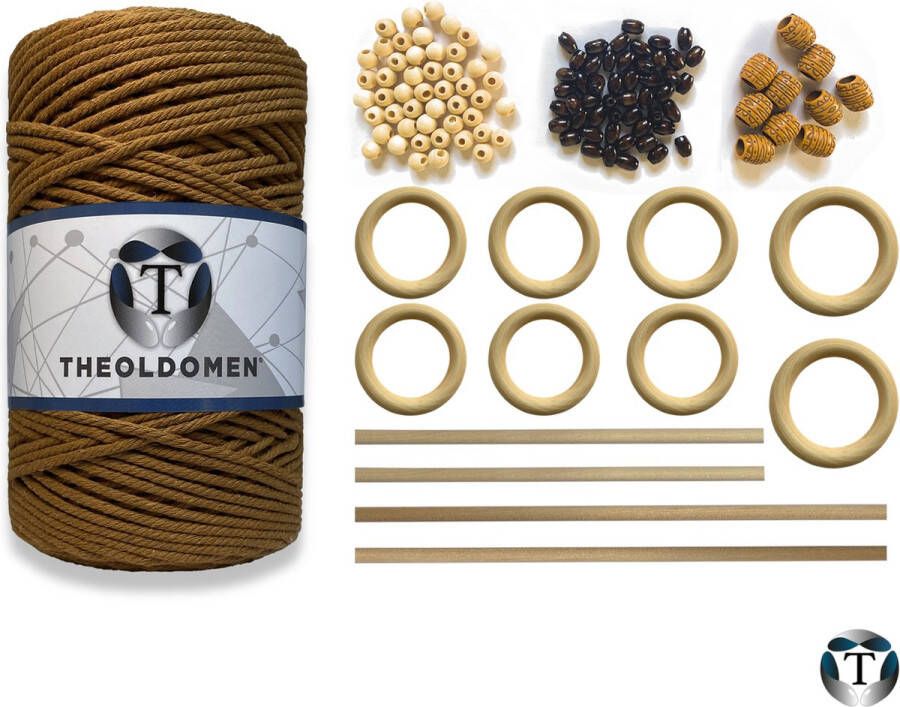 TheOldOmen Macramé Pakket | 200 METER | Incl. Handleiding | Mokka | Starter Set | Ringen | Kralen |Stokken | Macramé Touw | 3mm | 100% Katoen | Macramé | Decoratie | DIY | Doe Het Zelf | Wandkleed | Dromenvanger | Plantenhanger | Tassen | |