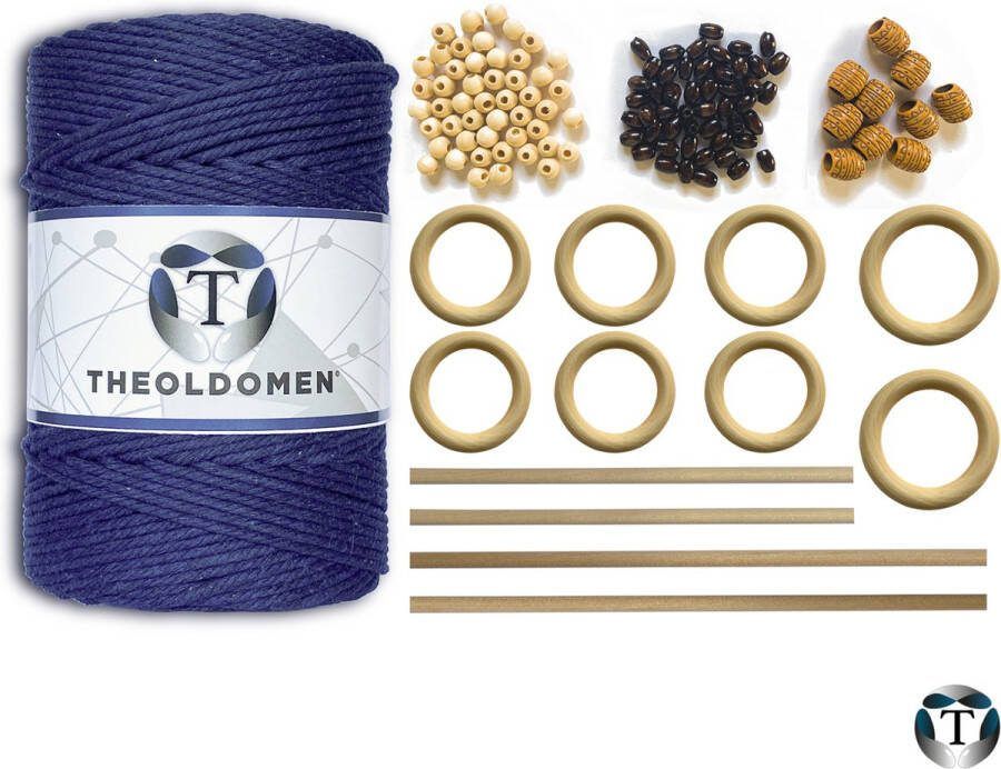 TheOldOmen Macramé Pakket 200 METER Incl. Handleiding Navy Blue Starter Set Ringen Kralen |Stokken Macramé Touw 3mm 100% Katoen Macramé Decoratie DIY Doe Het Zelf Wandkleed Dromenvanger Plantenhanger Tassen