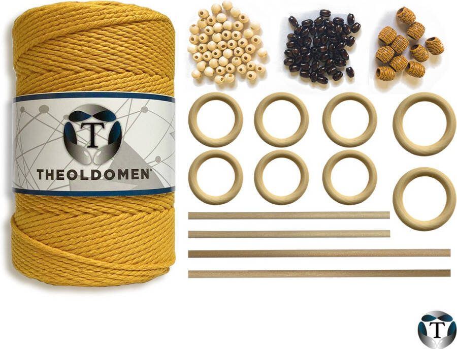 TheOldOmen Macramé Pakket 200 meter Incl. Handleiding Oker Starter Set Ringen Kralen |Stokken Macramé Touw 3mm 100% Katoen Macramé Decoratie DIY Doe Het Zelf Wandkleed Dromenvanger Plantenhanger Tassen
