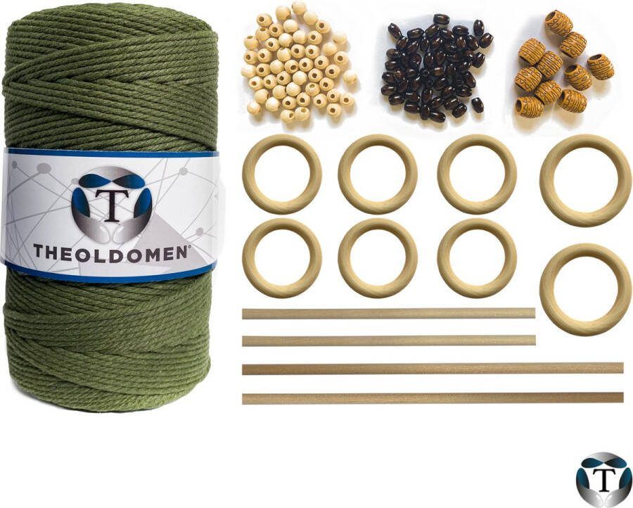 TheOldOmen Macramé Pakket 200 METER Incl. Handleiding Olijfgroen Starter Set Ringen Kralen |Stokken Macramé Touw 3mm 100% Katoen Macramé Decoratie DIY Doe Het Zelf Wandkleed Dromenvanger Plantenhanger Tassen
