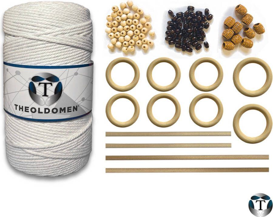 TheOldOmen Macramé Pakket 200 METER Incl. Handleiding Wit Starter Set Ringen Kralen |Stokken Macramé Touw 3mm 100% Katoen Macramé Decoratie DIY Doe Het Zelf Wandkleed Dromenvanger Plantenhanger Tassen