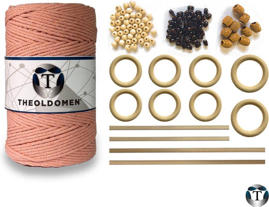 TheOldOmen Macramé Pakket 200 METER Incl. Handleiding Zalmroze Starter Set Ringen Kralen |Stokken Macramé Touw 3mm 100% Katoen Macramé Decoratie DIY Doe Het Zelf Wandkleed Dromenvanger Plantenhanger Tassen