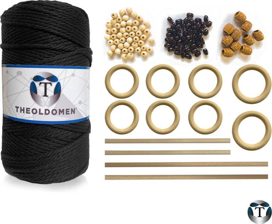 TheOldOmen Macramé Pakket 200 METER Incl. Handleiding Zwart Starter Set Ringen Kralen |Stokken Macramé Touw 3mm 100% Katoen Macramé Decoratie DIY Doe Het Zelf Wandkleed Dromenvanger Plantenhanger Tassen