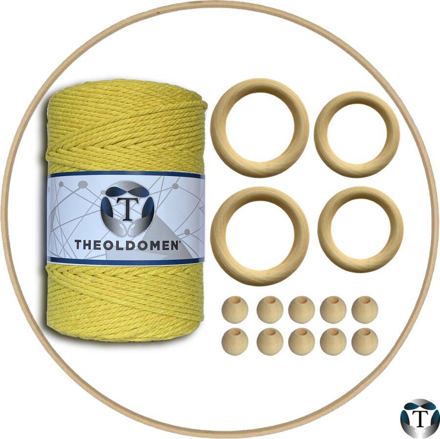 TheOldOmen Macramé Pakket | 200 METER | Lemon Yellow | Starter Set | Ringen | Kralen | Hout | Macramé Touw | 3mm | 100% Katoen | Macramé | Decoratie | DIY | Doe Het Zelf | Wandkleed | Dromenvanger | Plantenhanger | Tassen | |