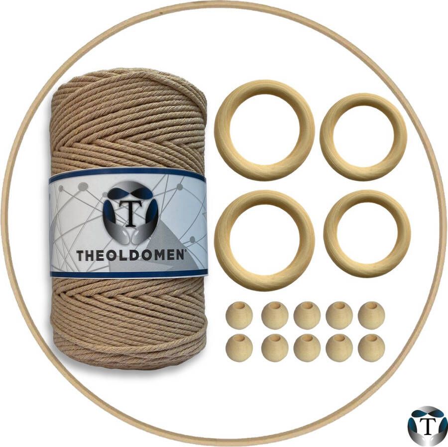 TheOldOmen Macramé Pakket | 200 METER | Lichtbruin | Starter Set | Ringen | Kralen | Hout | Macramé Touw | 3mm | 100% Katoen | Macramé | Decoratie | DIY | Doe Het Zelf | Wandkleed | Dromenvanger | Plantenhanger | Tassen | |