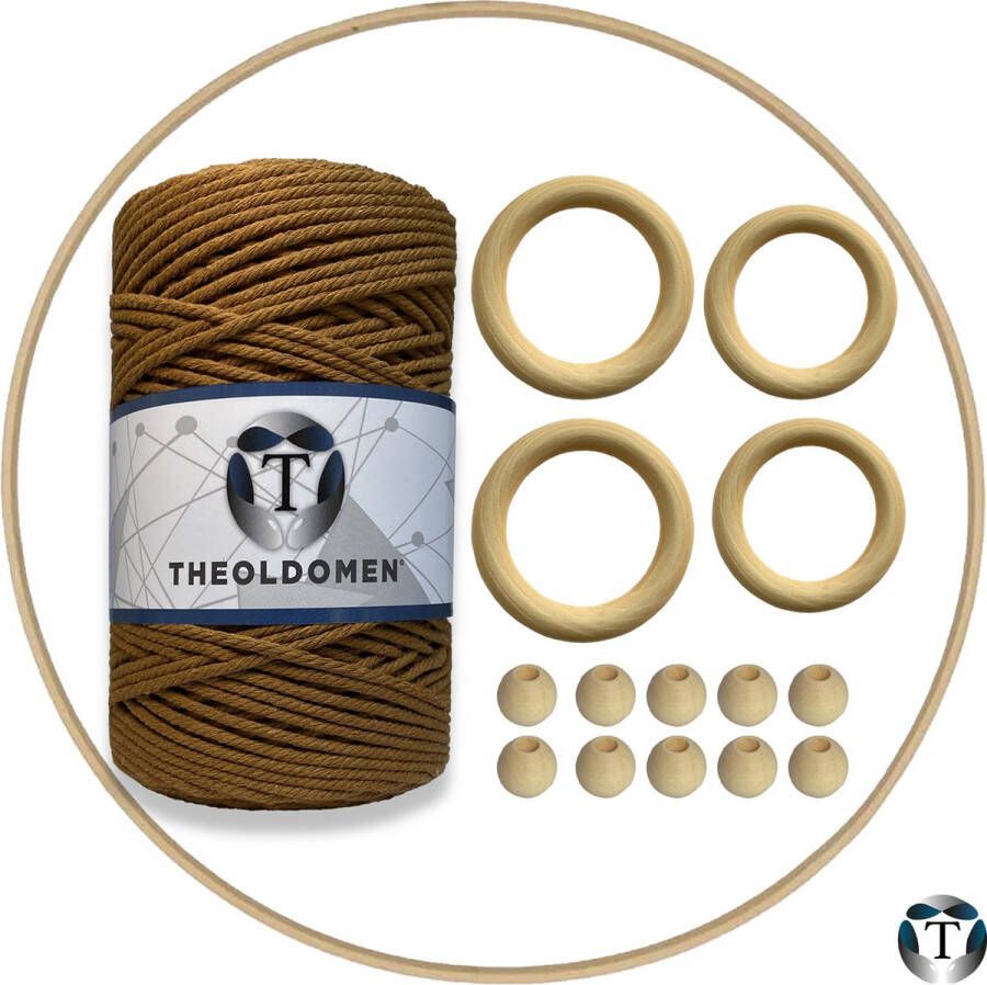 TheOldOmen Macramé Pakket | 200 METER | Mokka | Starter Set | Ringen | Kralen | Hout | Macramé Touw | 3mm | 100% Katoen | Macramé | Decoratie | DIY | Doe Het Zelf | Wandkleed | Dromenvanger | Plantenhanger | Tassen | |