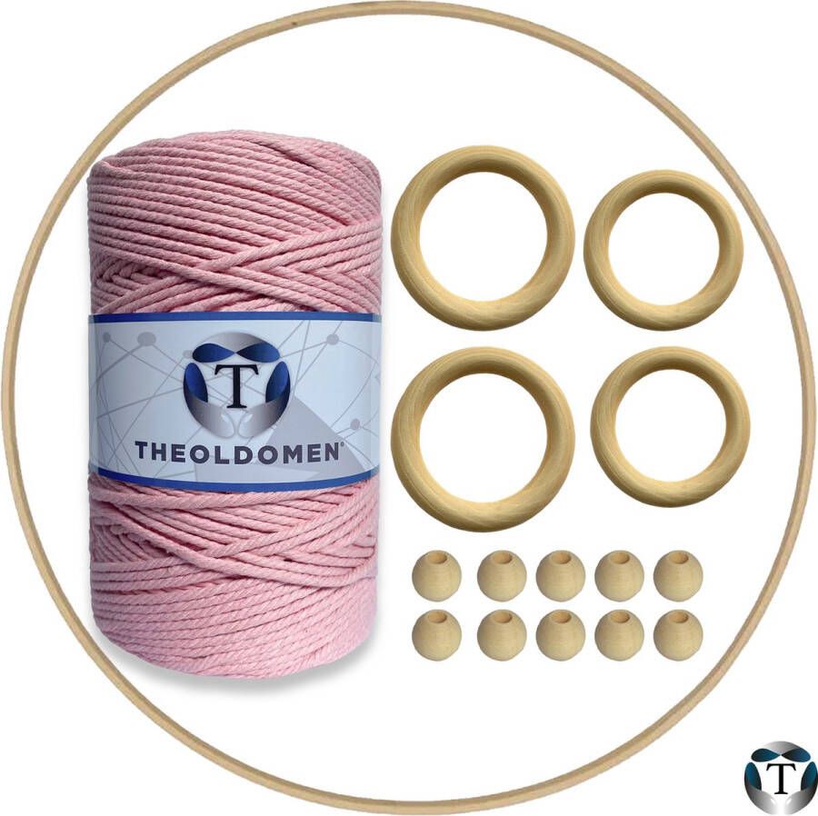 TheOldOmen Macramé Pakket | 200 METER | Nude Roze | Starter Set | Ringen | Kralen | Hout | Macramé Touw | 3mm | 100% Katoen | Macramé | Decoratie | DIY | Doe Het Zelf | Wandkleed | Dromenvanger | Plantenhanger | Tassen | |