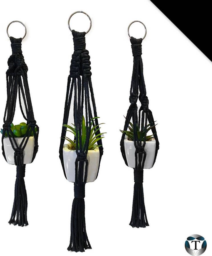 TheOldOmen MINI Plantenhangers | Zwart | 100% Katoen | 3 stuks | Plantenpot Ophangen | 38 cm | Mini | Plantenhangers Macramé | Macramé Koord | Binnen & Buiten | |