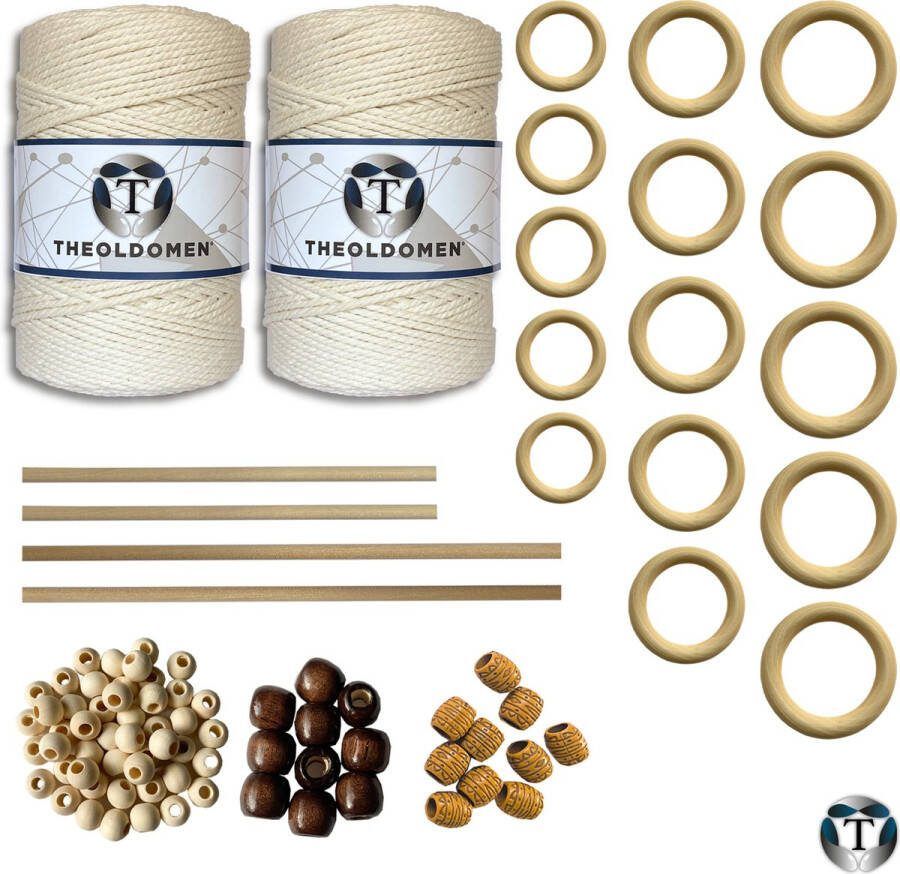 TheOldOmen XXL Macramé Pakket | 400 METER | Incl. Handleiding | Beige | Starter Set | Ringen | Kralen | Stokken | Macramé Touw | 3mm | 100% Katoen | Macramé | Decoratie | DIY | Doe Het Zelf | Wandkleed | Dromenvanger | Plantenhanger | Tassen |