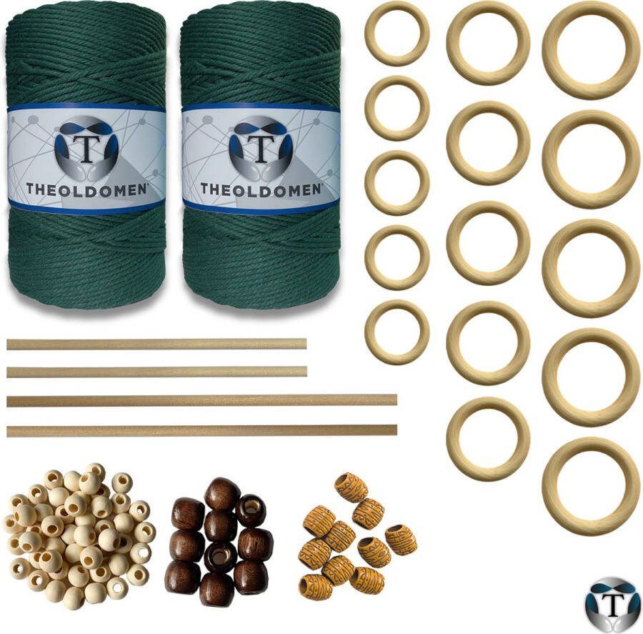 TheOldOmen XXL Macramé Pakket | 400 METER | Incl. Handleiding | Donkergroen | Starter Set | Ringen | Kralen | Stokken | Macramé Touw | 3mm | 100% Katoen | Macramé | Decoratie | DIY | Doe Het Zelf | Wandkleed | Dromenvanger | Plantenhanger | Tassen |