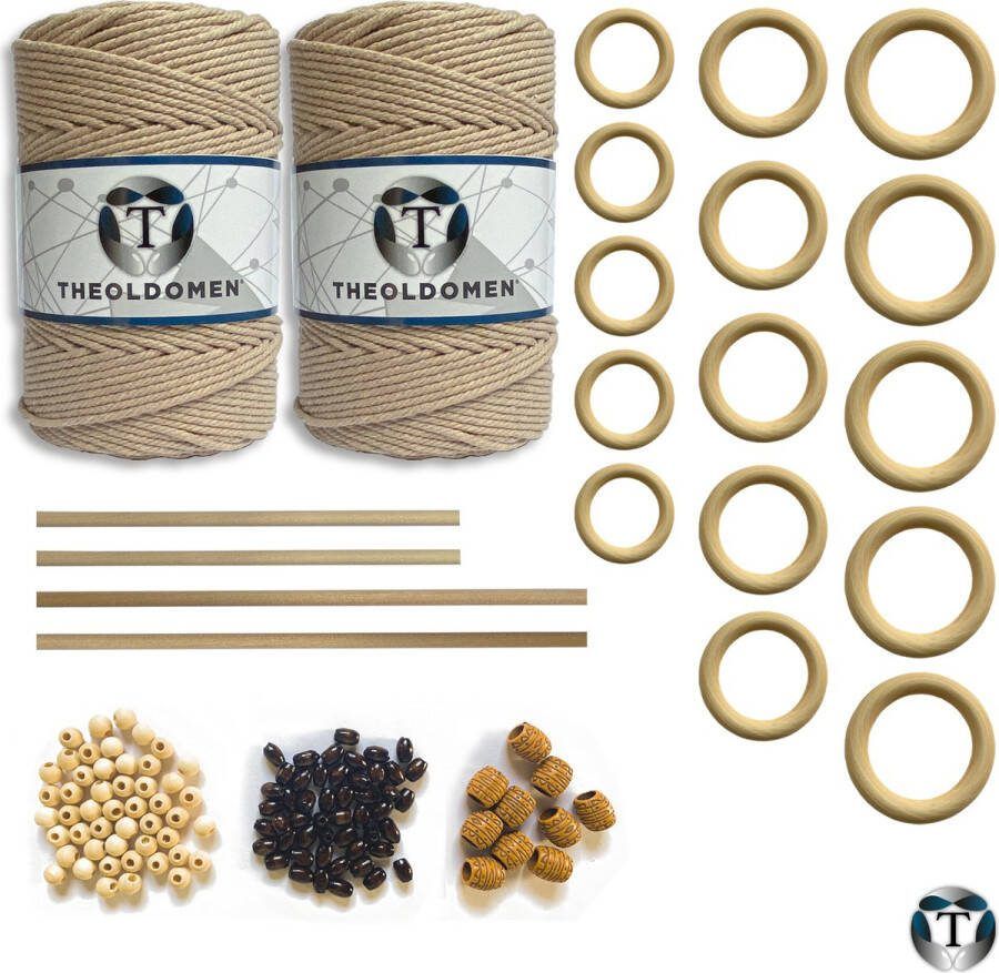 TheOldOmen XXL Macramé Pakket 400 METER Incl. Handleiding Earth Starter Set Ringen Kralen Stokken Macramé Touw 3mm 100% Katoen Macramé Decoratie DIY Doe Het Zelf Wandkleed Dromenvanger Plantenhanger Tassen
