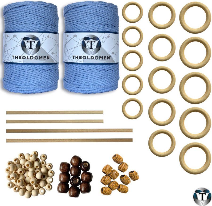 TheOldOmen XXL Macramé Pakket | 400 METER | Incl. Handleiding | Lichtblauw | Starter Set | Ringen | Kralen | Stokken | Macramé Touw | 3mm | 100% Katoen | Macramé | Decoratie | DIY | Doe Het Zelf | Wandkleed | Dromenvanger | Plantenhanger | Tassen |