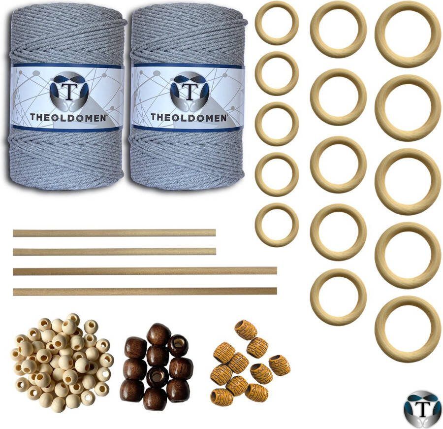 TheOldOmen XXL Macramé Pakket | 400 METER | Incl. Handleiding | Lichtgrijs | Starter Set | Ringen | Kralen | Stokken | Macramé Touw | 3mm | 100% Katoen | Macramé | Decoratie | DIY | Doe Het Zelf | Wandkleed | Dromenvanger | Plantenhanger | Tassen |