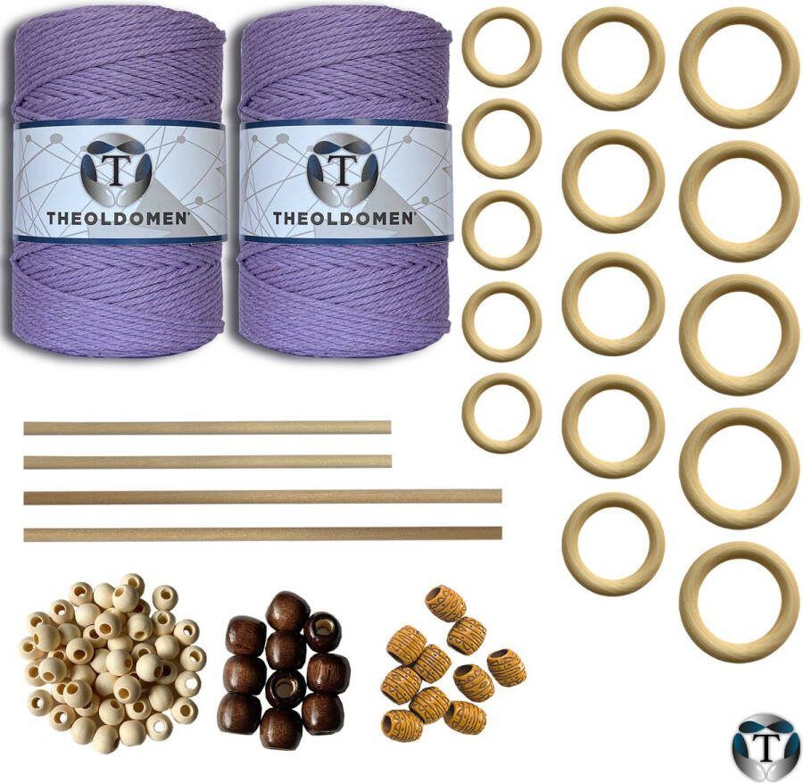 TheOldOmen XXL Macramé Pakket | 400 METER | Incl. Handleiding | Lichtpaars | Starter Set | Ringen | Kralen | Stokken | Macramé Touw | 3mm | 100% Katoen | Macramé | Decoratie | DIY | Doe Het Zelf | Wandkleed | Dromenvanger | Plantenhanger | Tassen |