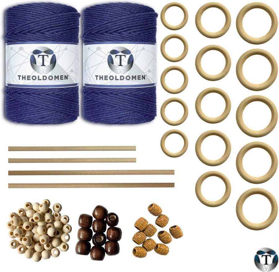 TheOldOmen XXL Macramé Pakket | 400 METER | Incl. Handleiding | Navy Blue | Starter Set | Ringen | Kralen | Stokken | Macramé Touw | 3mm | 100% Katoen | Macramé | Decoratie | DIY | Doe Het Zelf | Wandkleed | Dromenvanger | Plantenhanger | Tassen |