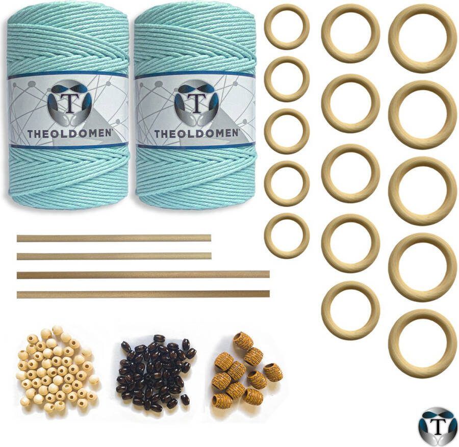 TheOldOmen XXL Macramé Pakket 400 METER Incl. Handleiding Ocean Blue Starter Set Ringen Kralen Stokken Macramé Touw 3mm 100% Katoen Macramé Decoratie DIY Doe Het Zelf Wandkleed Dromenvanger Plantenhanger Tassen