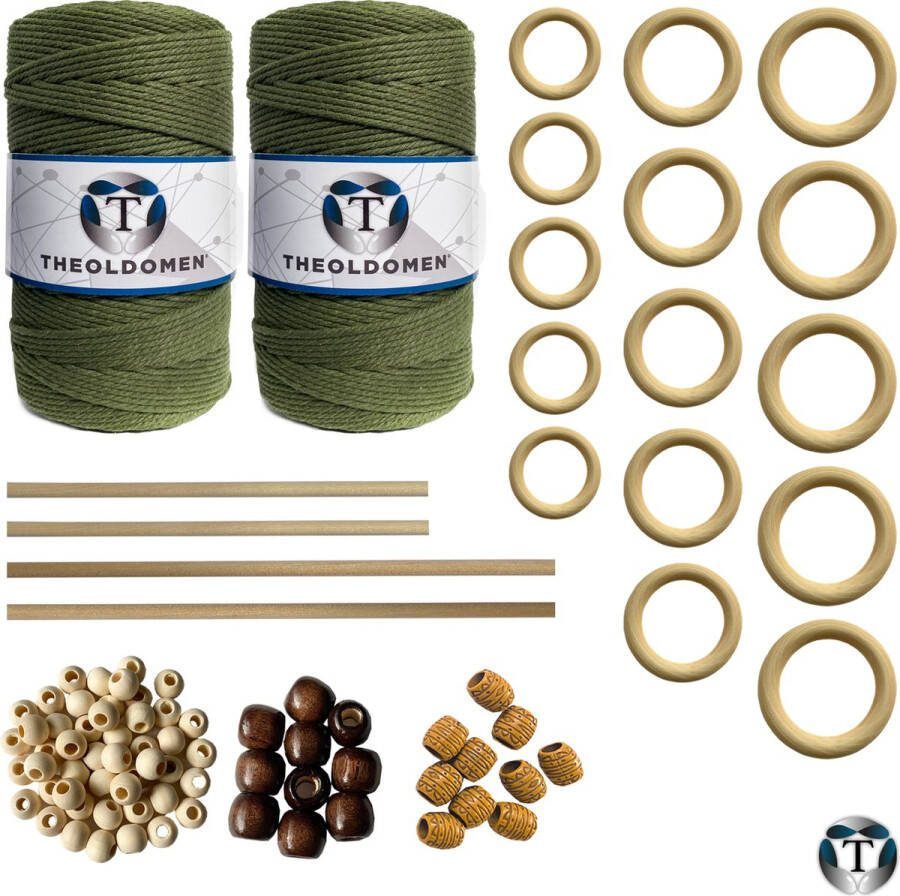 TheOldOmen XXL Macramé Pakket | 400 METER | Incl. Handleiding | Olijfgroen | Starter Set | Ringen | Kralen | Stokken | Macramé Touw | 3mm | 100% Katoen | Macramé | Decoratie | DIY | Doe Het Zelf | Wandkleed | Dromenvanger | Plantenhanger | Tassen |
