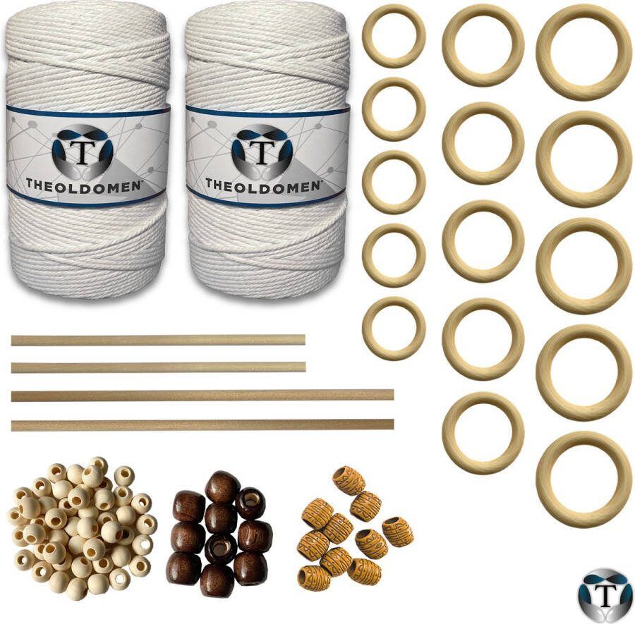 TheOldOmen XXL Macramé Pakket | 400 METER | Incl. Handleiding | Wit | Starter Set | Ringen | Kralen | Stokken | Macramé Touw | 3mm | 100% Katoen | Macramé | Decoratie | DIY | Doe Het Zelf | Wandkleed | Dromenvanger | Plantenhanger | Tassen |