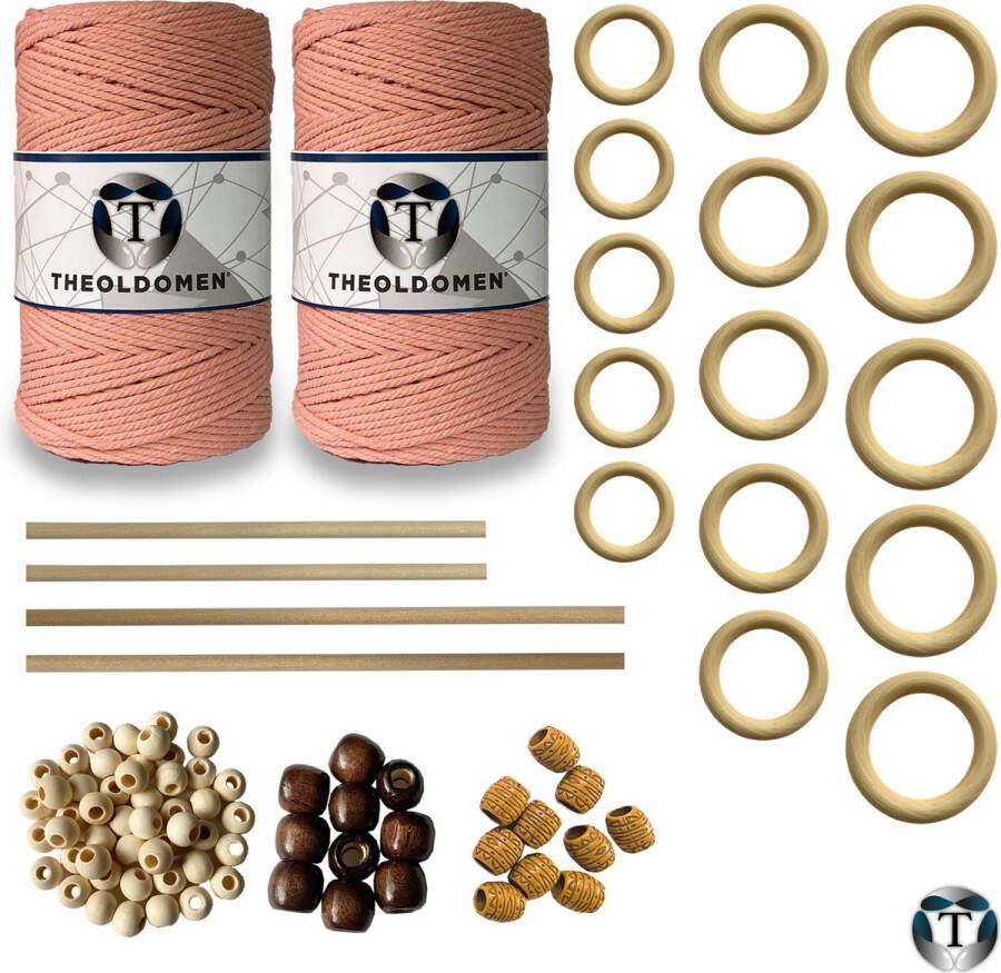 TheOldOmen XXL Macramé Pakket | 400 METER | Incl. Handleiding | Zalmroze | Starter Set | Ringen | Kralen | Stokken | Macramé Touw | 3mm | 100% Katoen | Macramé | Decoratie | DIY | Doe Het Zelf | Wandkleed | Dromenvanger | Plantenhanger | Tassen |