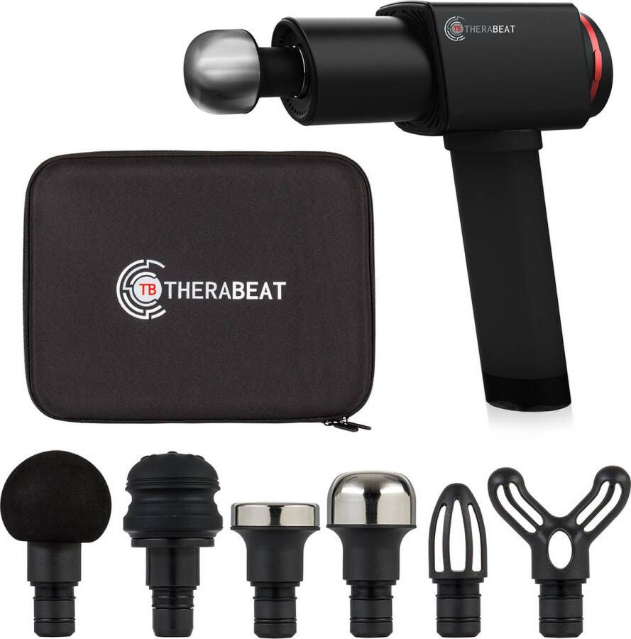 Therabeat Tofta Massager massagepistool massage gun neopreen handvat 1300 3300 tpm 6 standen 6 hulpstukken