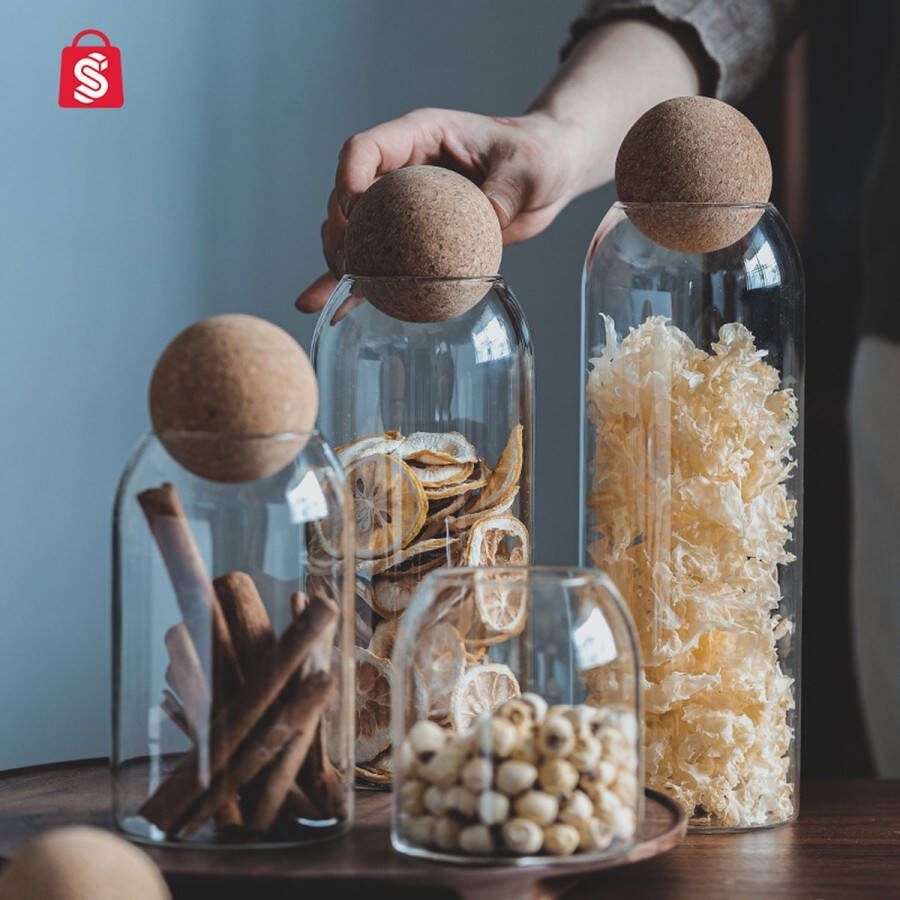TheStudentShop 3x 800ml |Glazen Voorraad Pot Met Deksel Kurk voorraadpot Ronde kurk Bal Kurk Ronde voorraadpot Bamboo opbergpot opbergpotten met deksel