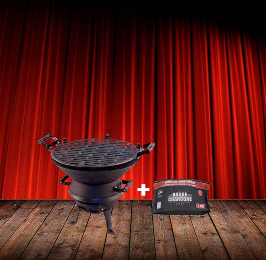 THM Potkachel Houtskoolbarbecue 35 cm Gietijzer + Zakje House of Charcoal Light The Bag 1 kg Bundel 2 in 1 Barbecue en Kachel!