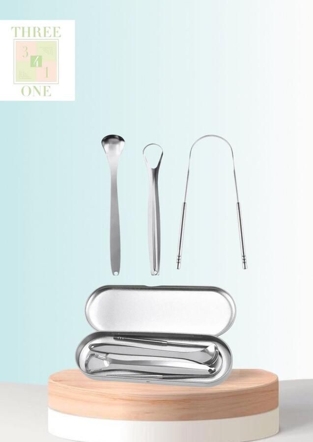 Three4One Tongschraper- Tongschraper set RVS Premium tongschraperset met opbergdoos zilver
