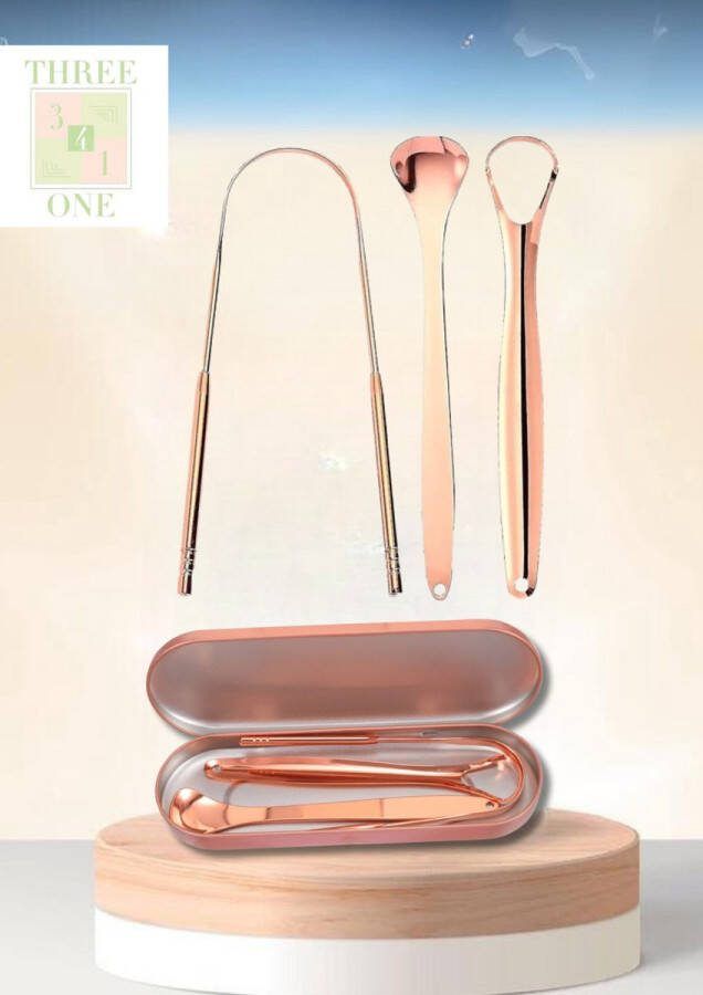 Three4One Tongschraper koper Tongschraper set RVS Premium tongschraperset met opbergdoos rose goud