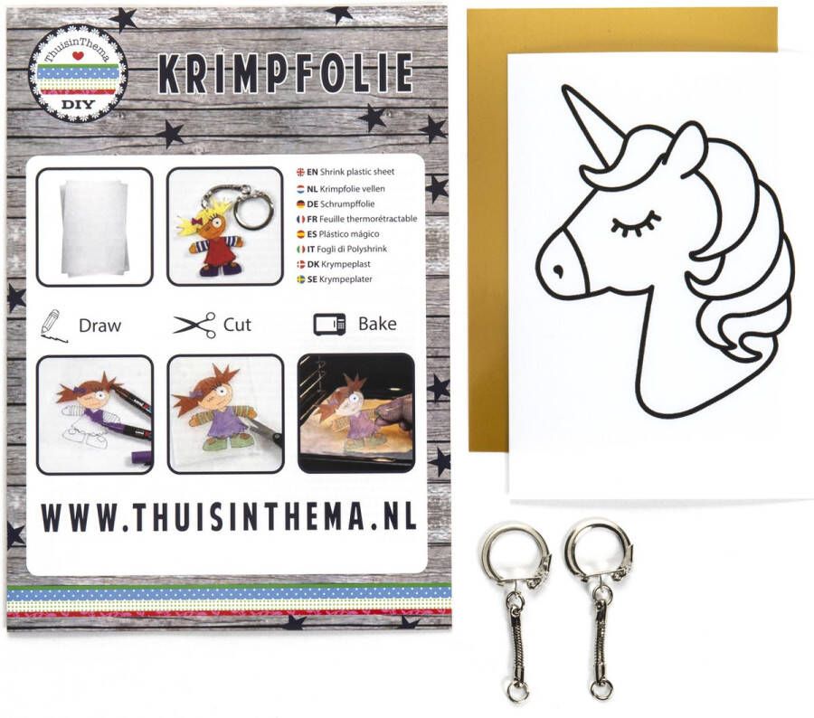 ThuisinThema DIY Unicorn Krimpfolie Pakket 1 A6 voorgedrukt vel + 1 A6 Goud Krimpie Dinkie Knutselpakketten Sieraden maken knutselen meisjes