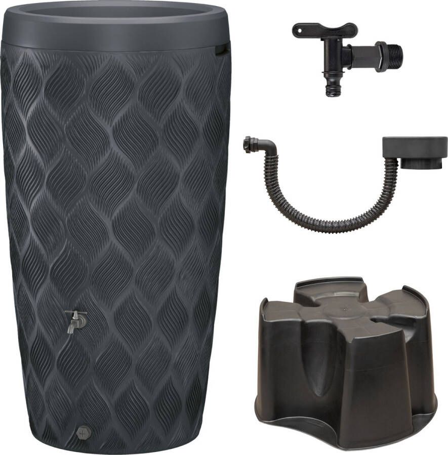 ThuisTuinieren.nl Complete set Wave Regenton 2-in-1 240 liter Antraciet Regenton Met Plantenbak Voet Vulautomaat Kraan