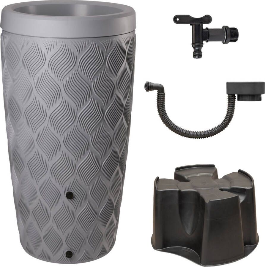 ThuisTuinieren.nl Regenton Set Zilver 240L met Bloemenbak Complete Set Wavy Look Bewatering inc. Voet Kraan Vulautomaat