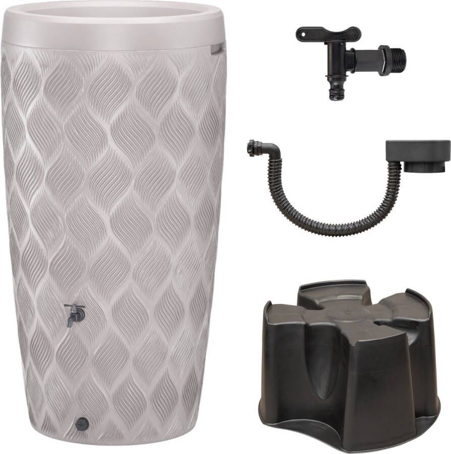 ThuisTuinieren.nl Wave Regenton Set Taupe 240L met Bloemenbak Regenton Complete Set Inclusief Kraan Voet Vulautomaat