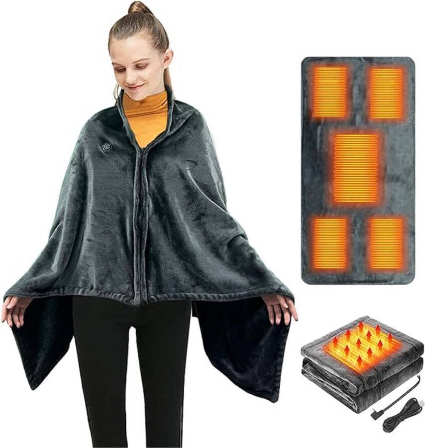 Thuys Draagbaar Warmtedeken Draadloos – Oplaadbaar met USB – Powerbank – Met Ritssluiting – 3 Warmte Standen – Extra Verwarmingzones – Thuis Grijs