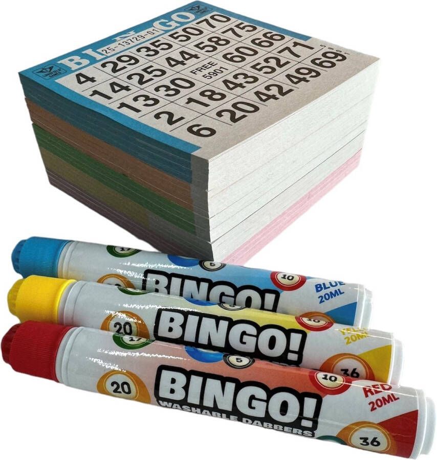 ThysToys Bingokaarten en Bingostiften set 5x 100 verschillende kleuren Bingoblok 1-75 3x Bingo dabbers