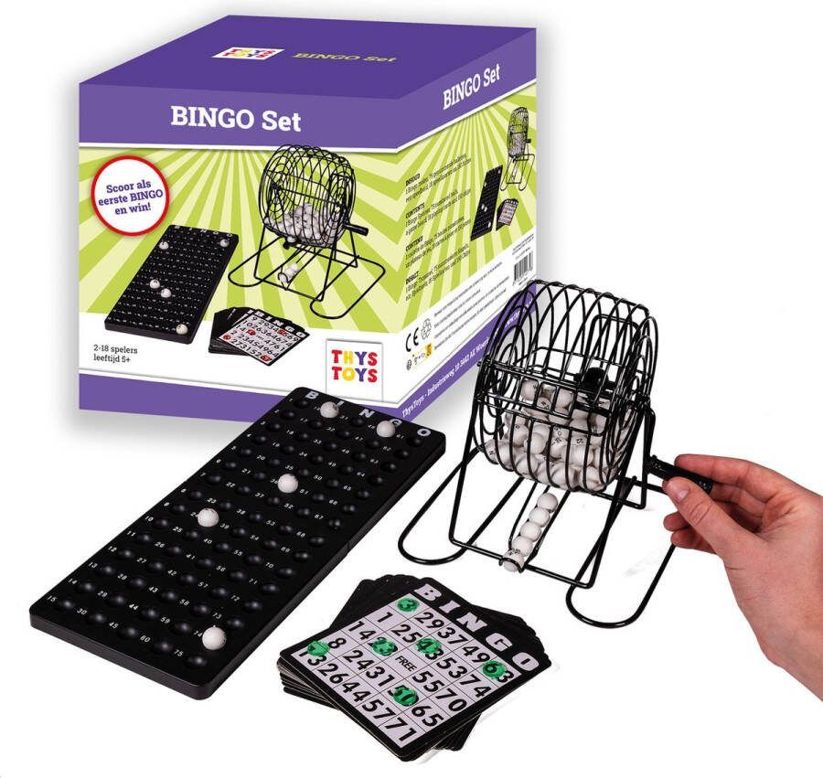 ThysToys Bingomolen 20 cm Bingospel Metalen zwarte molen Complete set inclusief 75 Bingo ballen Bingo kaarten Fishes Controle bord Korf 13 5 cm