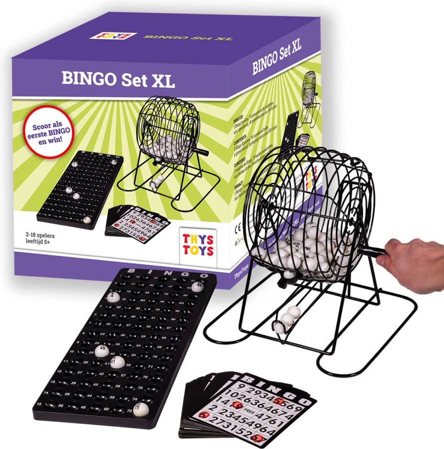 ThysToys Bingomolen XL 30 cm Groot Bingospel Metalen zwarte molen Complete set inclusief 75 Bingo ballen Bingo kaarten Fishes Controle bord Korf 20 cm