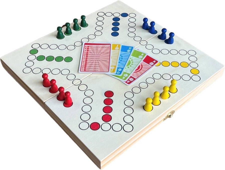 ThysToys Keezen spel Houten Keezenspel met echte Keezenkaarten Reisspel casette 30 x 30 cm vouwbaar bordspel reisuitvoering 2 of 4 spelers