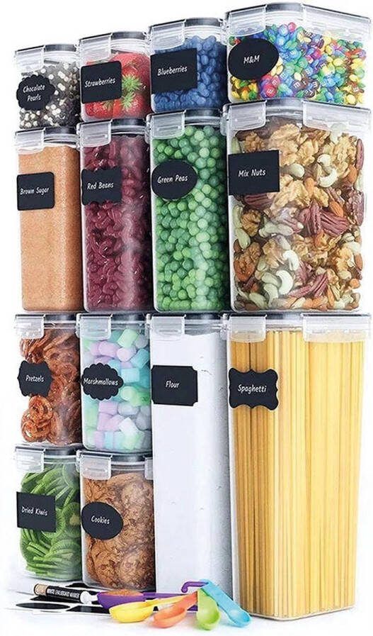 TidyHome Voorraadpotten – Set Van 14 Stuks – Opbergbox Meal Prep Bakjes Magnetron Bestendig Inclusief Stickers Vershoudbakjes Opbergbak Voorraadbussen – BPA-Vrij