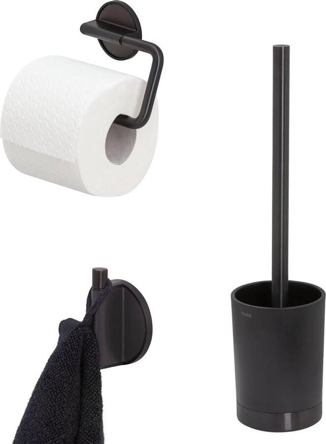 Tiger Tune Toilet Accessoires Set 3st. Incl. WC Borstel Rolhouder en Handdoekhaak Mat Zwart