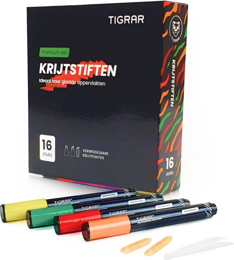 Tigrar Premium Krijtstiften Raamstiften 16 kleuren Incl. Pincet & 16 Extra Vervangbare Punten Afwasbaar