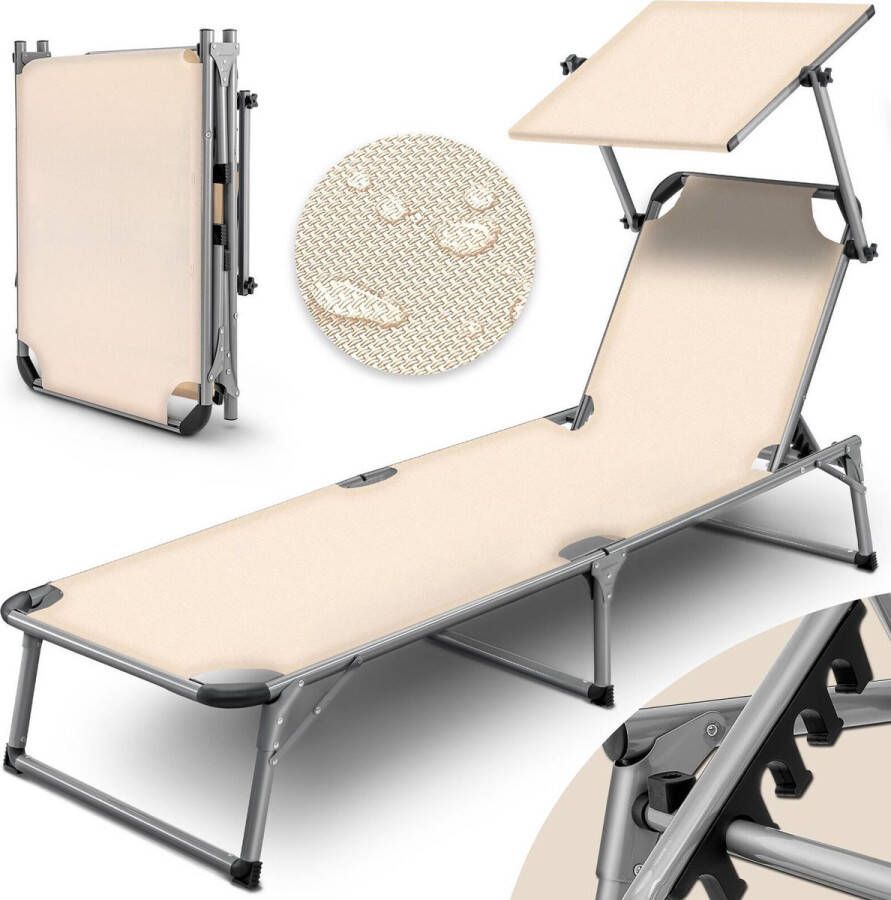 Tillvex Aluminium ligstoel Beige opvouwbaar met dak tuinstoel ligbed strandstoel camping