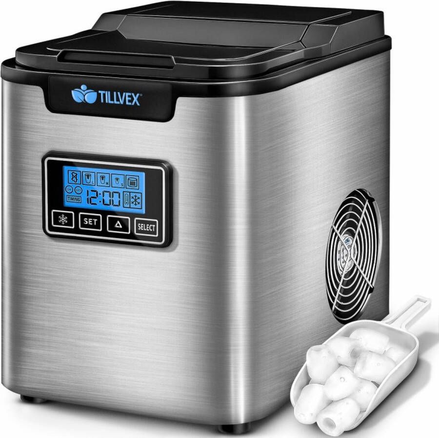 Tillvex ijsblokjesmachine RVS zilver 12 kg 24 uur IJsblokjesmaker met timer en watertank van 2 liter IJsmaker LCD-display en zelfreinigende functie 3 maten ijsblokjes