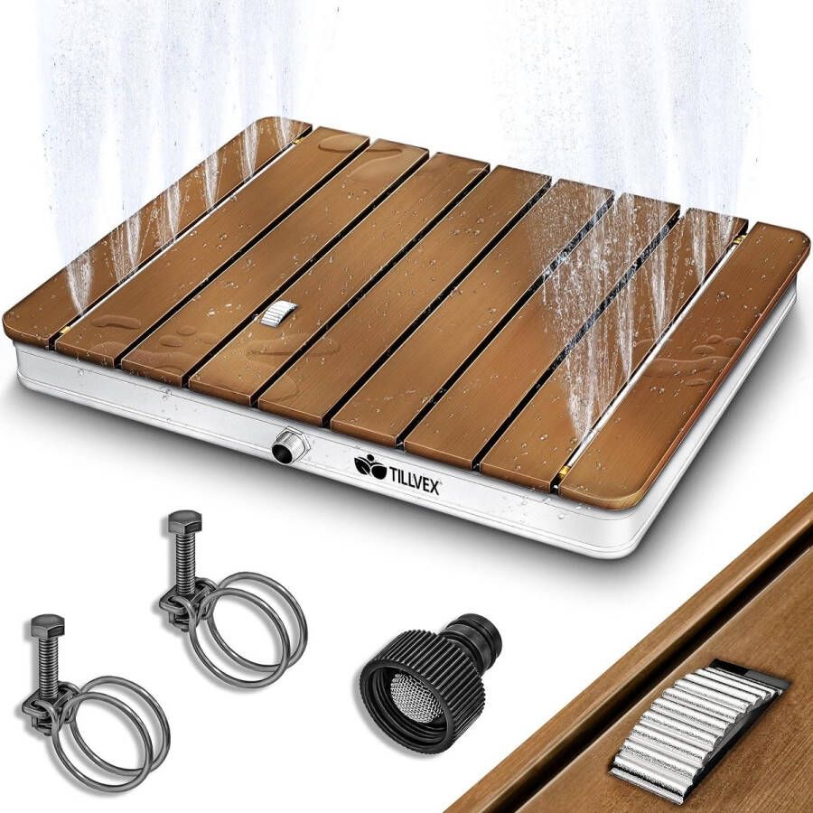 Tillvex Tuindouche Outdoor tot 4 m fonteinhoogte vloerdouche rechthoekig met voetwiel buitendouche antislip saunadouche weerbestendig campingdouche van aluminium WPC houtlook
